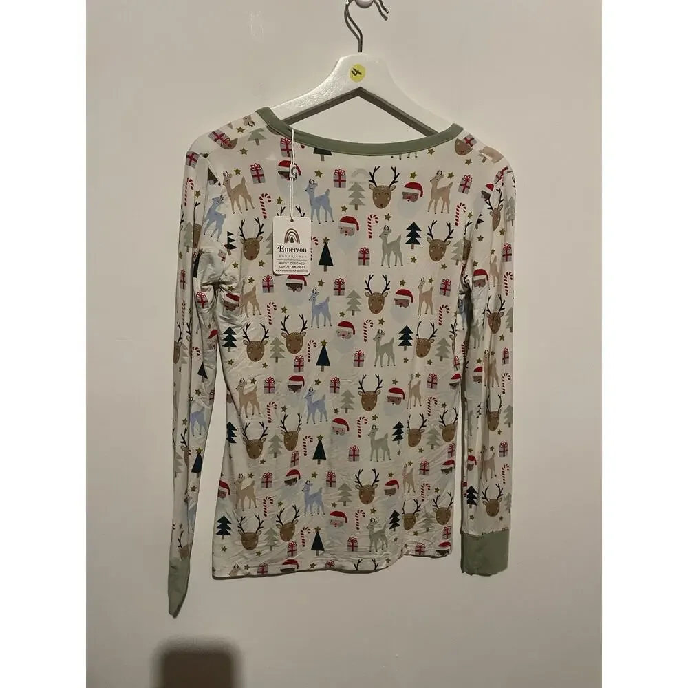 SANTA AND FRIENDS CHRISTMAS ADULT BAMBOO‎ PAJAMAS WOMEN'S TOP Small